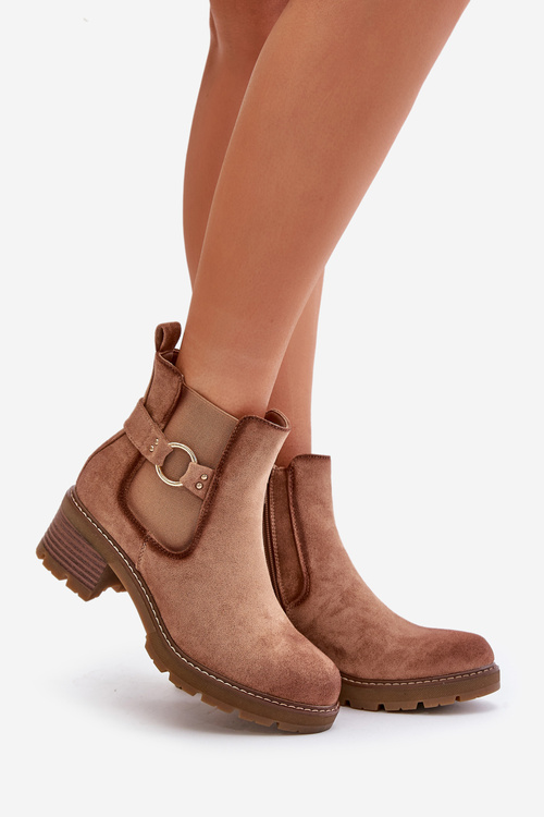 Women's Insulated Ankle Boots With Heel And Golden Detail Eco Suede Light Brown Mailta