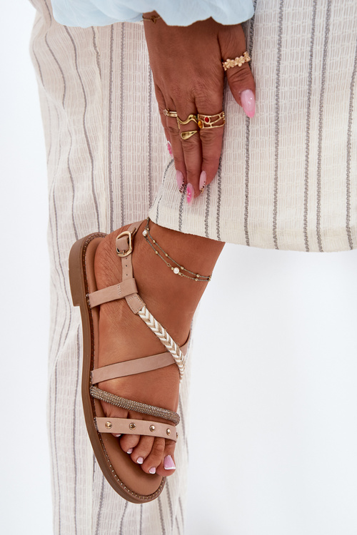 Sandały Damskie Płaskie Ozdobne Paseczki Beżowy Vinceza 17379