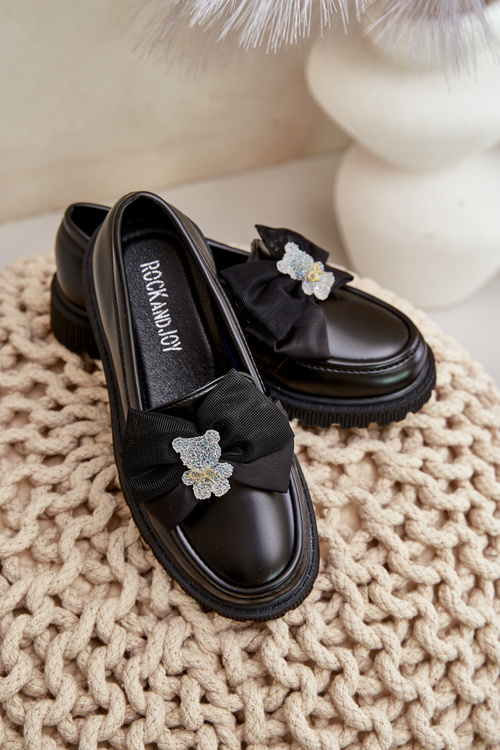 Eko Skórzane Mokasyny Dla Dziewczynki Z Kokardką Czarne Avallesa