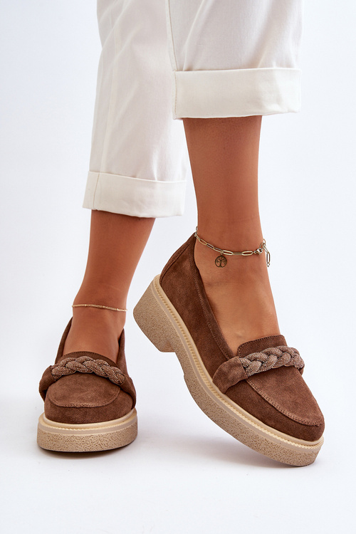 Mokasyny Zamszowe Damskie Ozdoba Zazoo 3429/W Brązowe