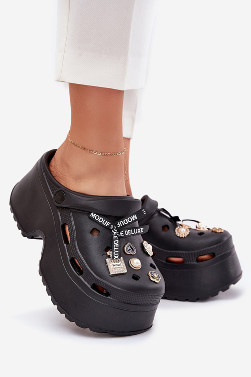 Women's Slide Sandals On Chunky Platform With Embellishments Black Vivira