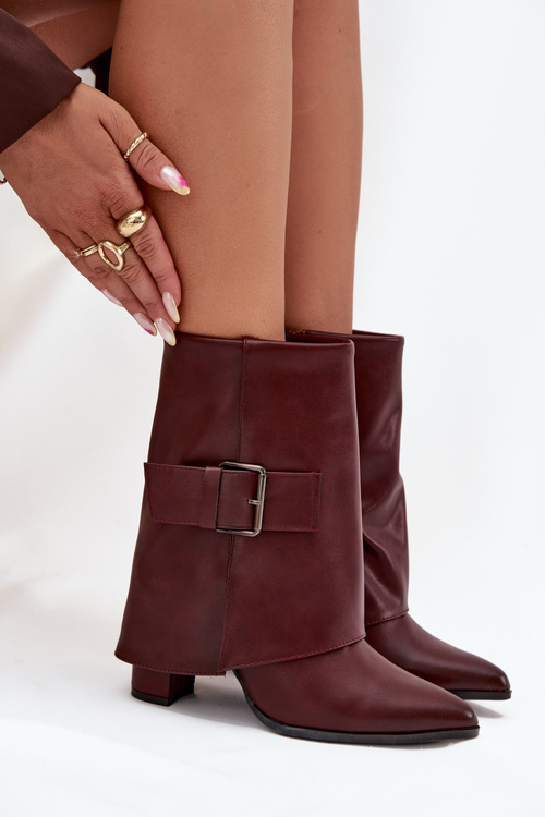 Warm Ankle Boots On Heel With Folded Shaft And Buckle Bordeaux Ylenara