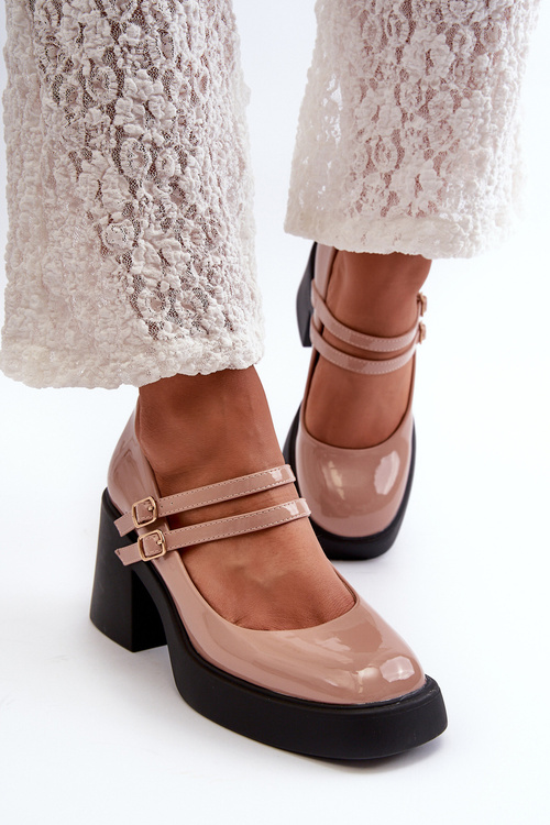 Dark Beige Patent Leather Pumps on Chunky Heel Halmina