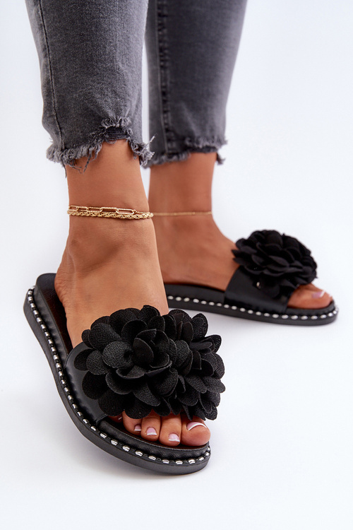 Women's Sandals Decorated with Flowers Black Cellanen