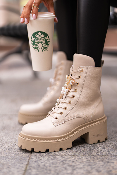 Leather Worker Ankle Boots For Women With Butterfly Beige CheBello 4590