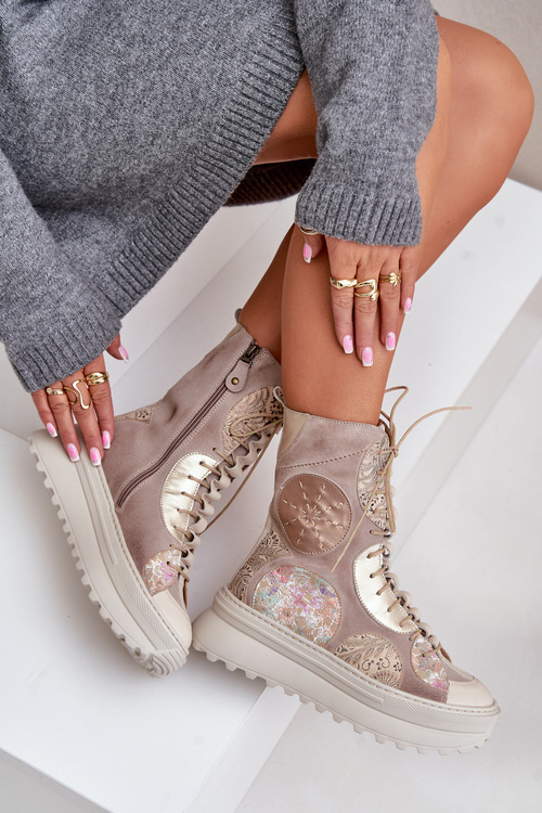 Ocieplane Skórzane Zamszowe Botki Na Platformie Beżowe Maciejka 06565-04