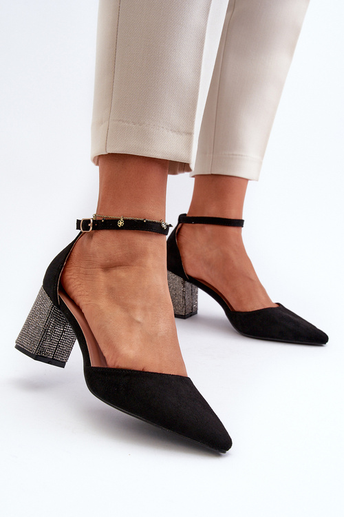 Black Faux Suede Court Shoes on Embellished Stiletto Anlitela