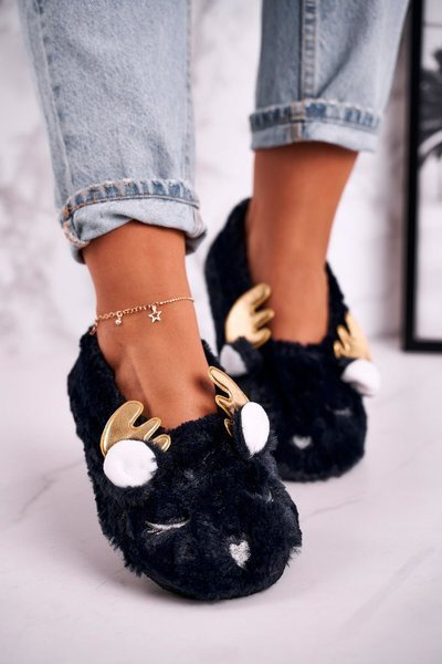 Christmas Insulated Furry Slippers Navy Blue Jingle Bells