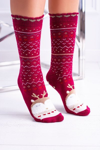 Ladies' Christmas Socks Anti-Slip Red With Reindeer