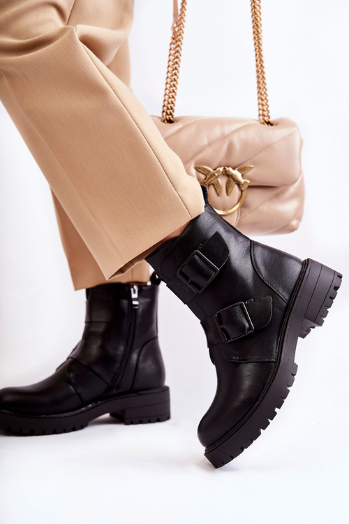 Botki Skóra Damskie Suwak Czarne Gritta