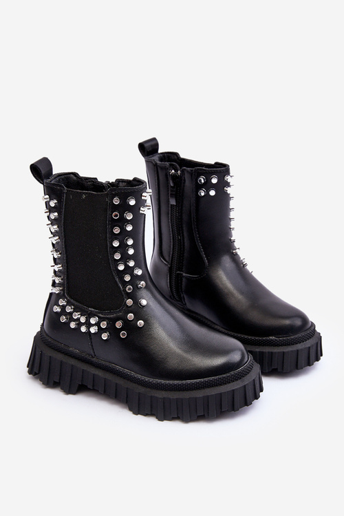 Girls' Heeled Ankle Boots Decorated with Rhinestones Black Adelie
