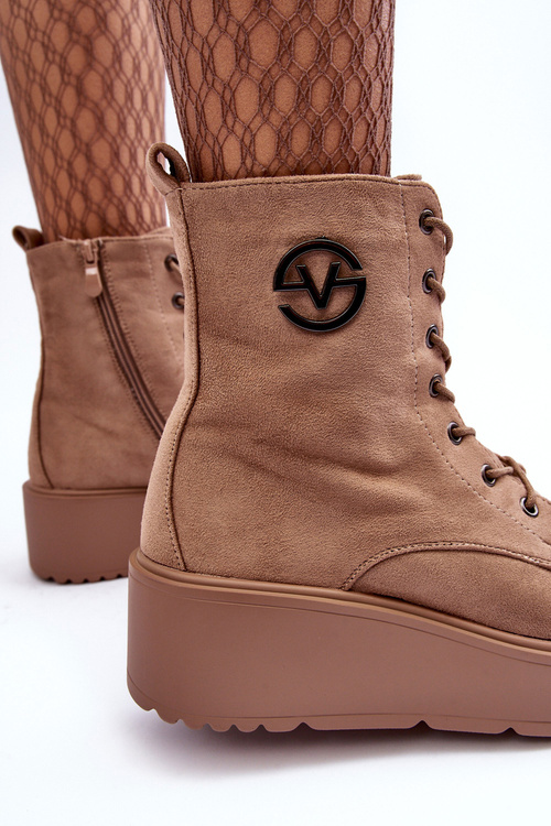 Suede Boots on Massive Platform Wedge Heel Beige Lavica