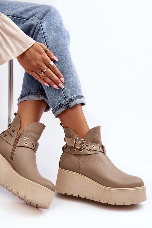 Women's Leather Platform Boots with Straps Zazoo 1752 Beige