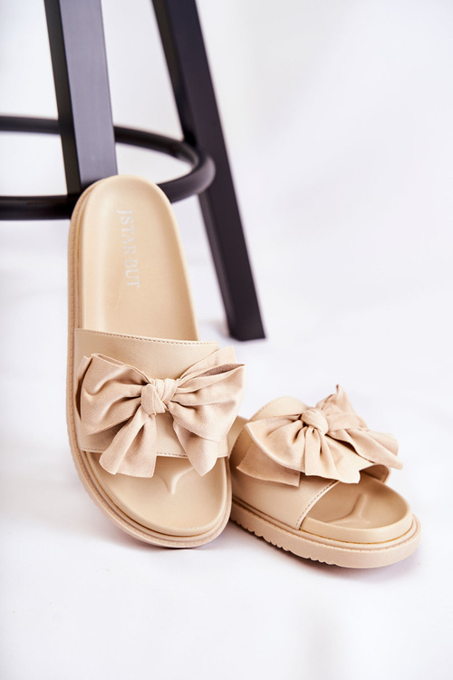 Klapki Klasyczne Damskie Skórzane Kokarda Beżowe Dessy