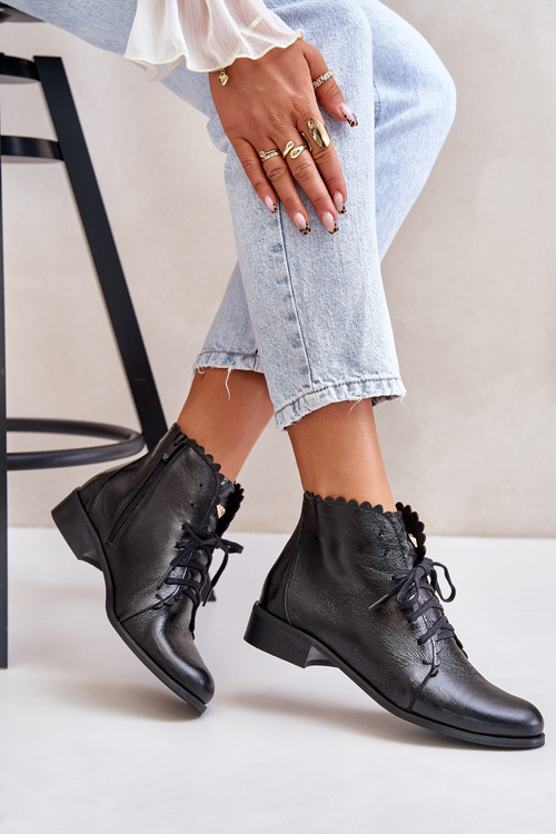 Botki Na Płaskim Obcasie Skóra Naturalna Czarne Zazoo 2964