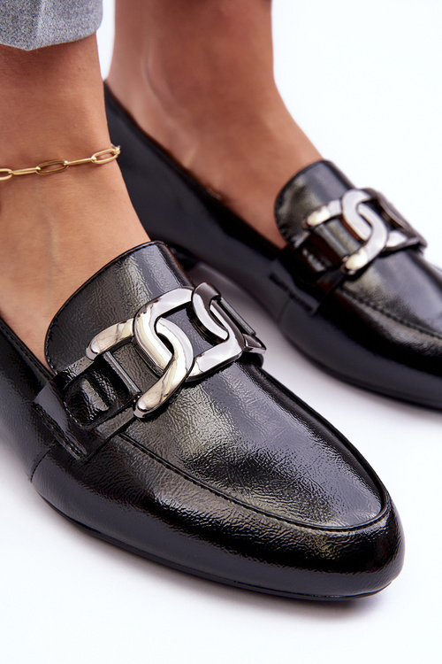 Mokasyny Damskie Lakierowane Z Ozdobą Czarne Camilena MK732