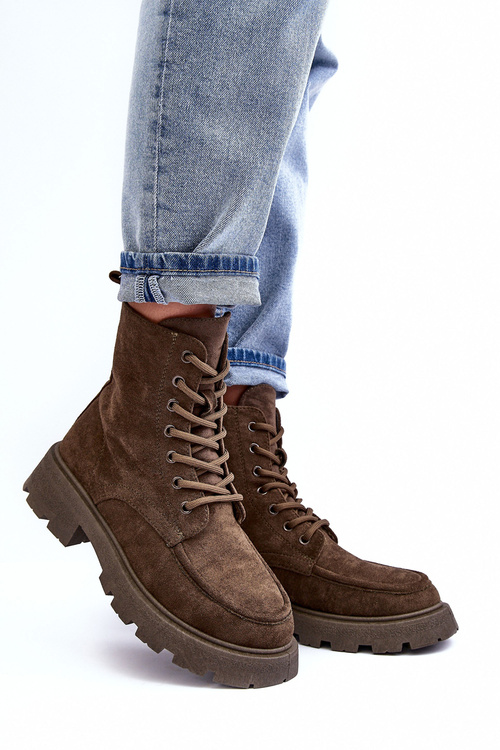 Suede Trapper Boots With Fleece Lining And Flat Heel Dark Green Zikey