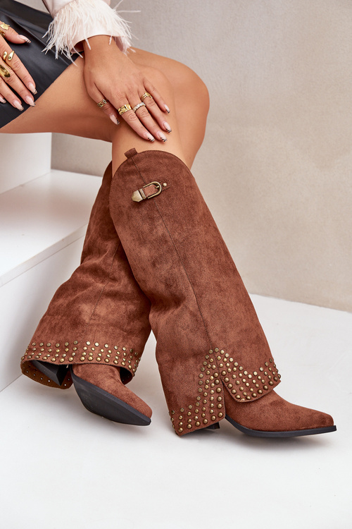 Botki Z Dżetami I Wywiniętą Cholewką Na Słupku Brązowe Iveliri