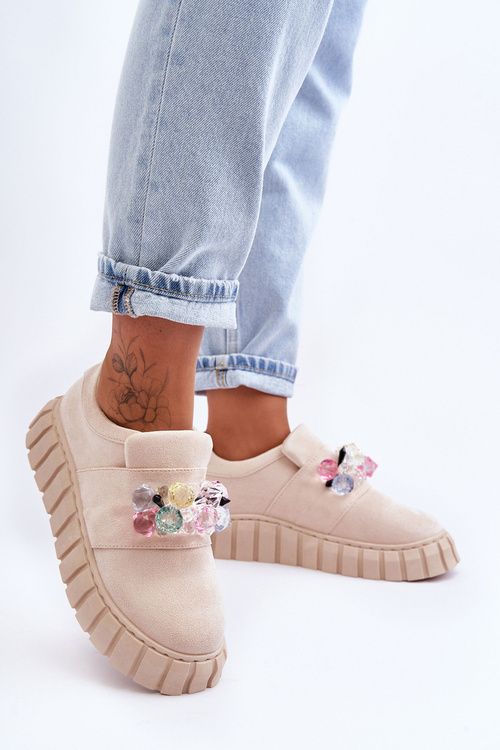 Buty Sportowe Półbuty Modne Wsuwane Ozdoba Beżowe Desire NB615