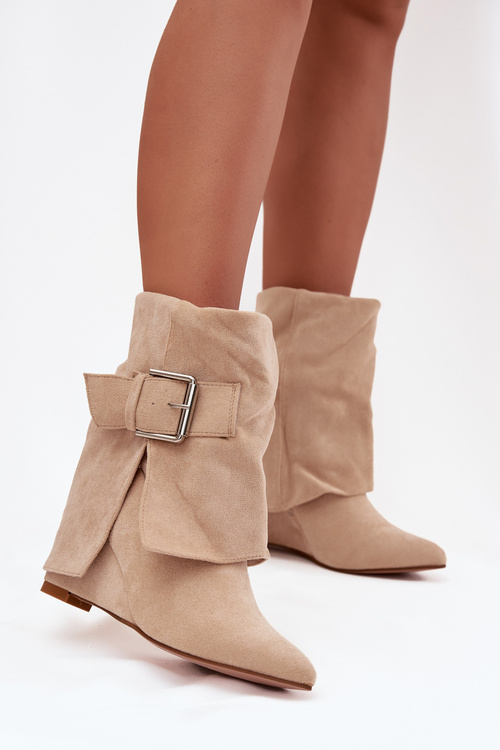Platform ankle boots with turned-up shaft and buckle eco suede beige Vortinia