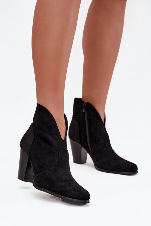 Damskie Botki Eko Zamsz Słupek Zamek Czarne Elvirae