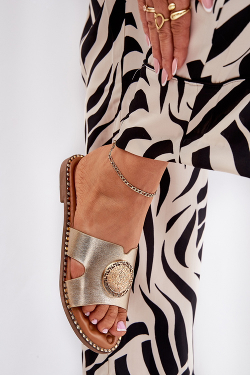 Klapki Damskie Na Płaskim Obcasie Z Ozdobnym Detalem Złote Oferry