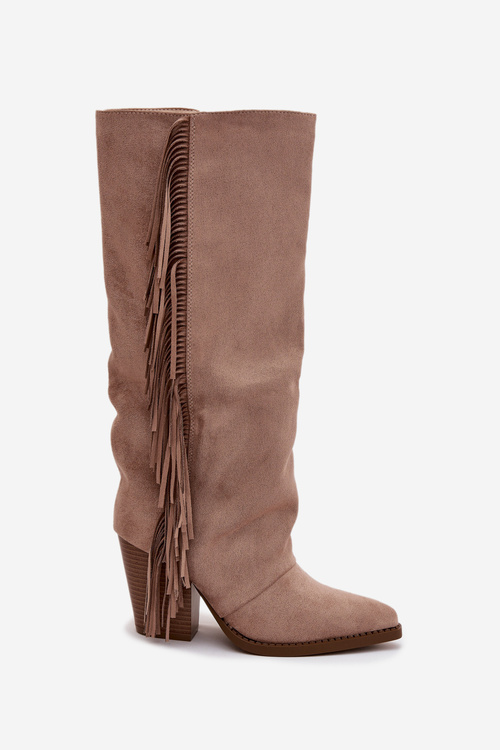 Women's Cowboy Boots With Fringes On A Heel Beige Tivara