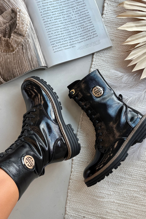 Patent leather women's work boots with gold detail insulated black Dorialine