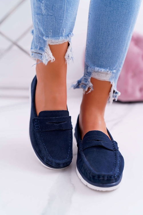 Women's Suede Leather Moccasins Navy Blue Lauren