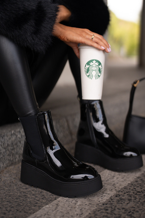 Black Wloedia women's patent leather ankle boots with platform and wedge heel