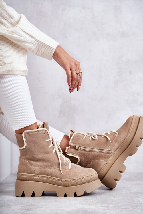 Suede Warm Lace Up Boots Beige Elisabeth