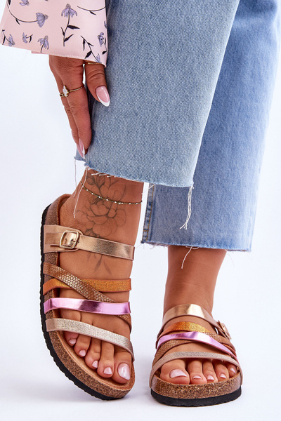 Women's Platform Slippers With Stripes Gold Clover