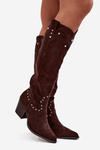 Women's Leather Cowboy Boots With Decoration On The Heel Chocolate Darella