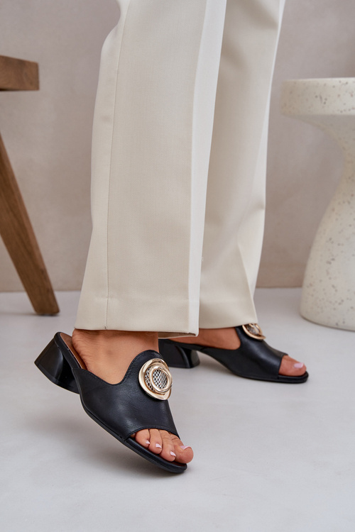 Klapki Damskie Eleganckie Niski Obcas Ozdoba Czarne Feledis