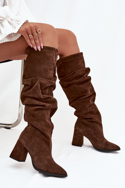 Wrinkled Boots Made From Genuine Suede On Heel Heated Zazoo 4228 Brown