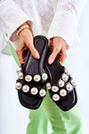 Women's Leather Slippers With Decorative Pearls Black Lasello