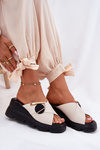 Elegant Ladies Leather Slippers On Wedge With Decoration Beige Artiker 56C1585
