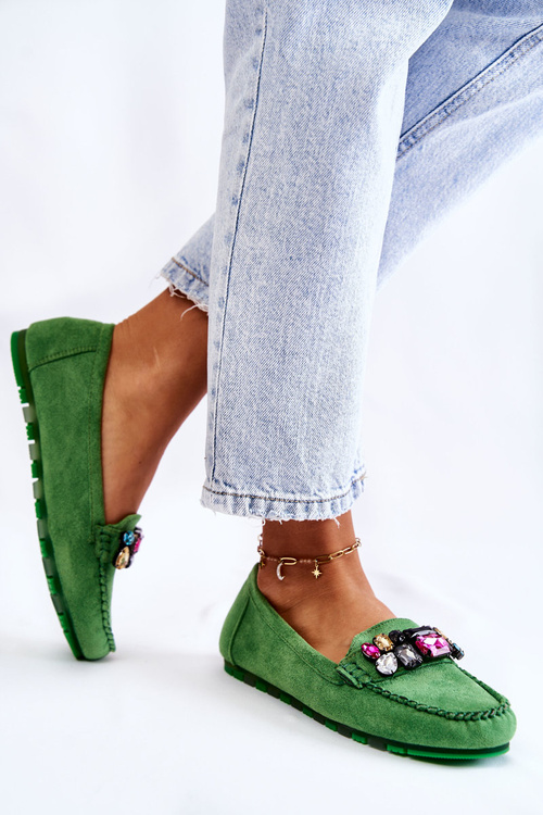 Mokasyny Damskie Zamsz Ozdoby Zielone Janetta