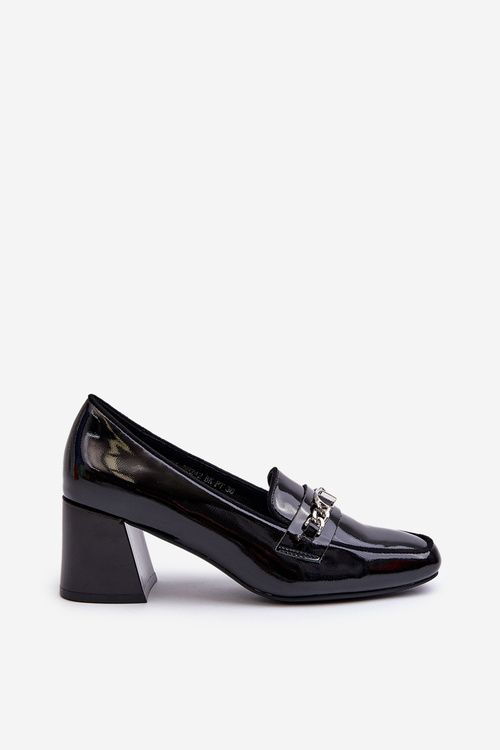 Black Patent Low Heel Court Shoes with Decoration Makki