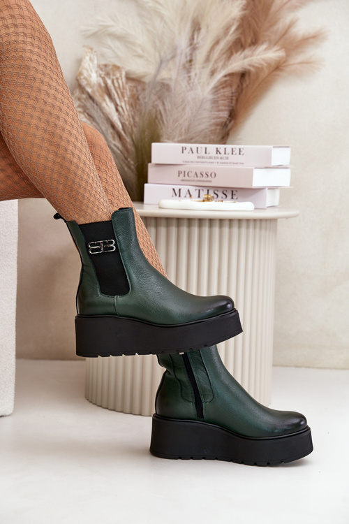 Zazoo 60498 Women's Ankle Boots Chelsea On Platform And Wedge Dark Green