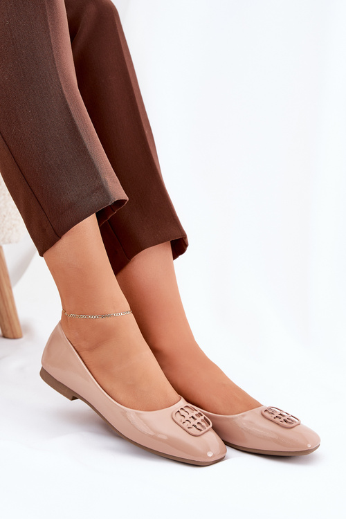 Lacquered Elegant Women's Ballet Flats With Decorative Detail Beige Vinceza 17377