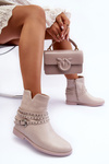 Women's Decorated Leather Boots on Flat Heel Beige Adkrana