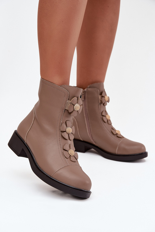 Leather Women's Ankle Boots With Decorative Flowers Insulated Beige Belverine