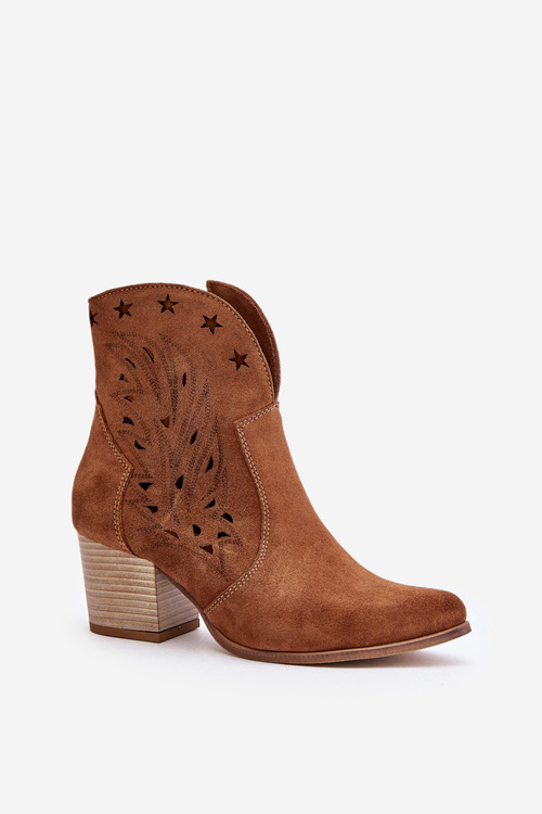 Kowbojki Botki Ażurowe Obcas Słupek Zamsz Brązowe Lewski 3613