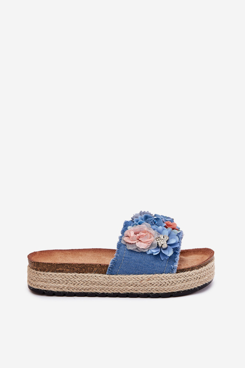Ladies platform sandals with weaving and flowers blue Chellia