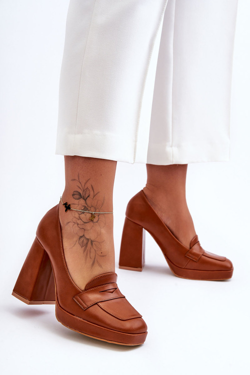 Czółenka Skóra Wysoki Obcas Camel Alisa M046