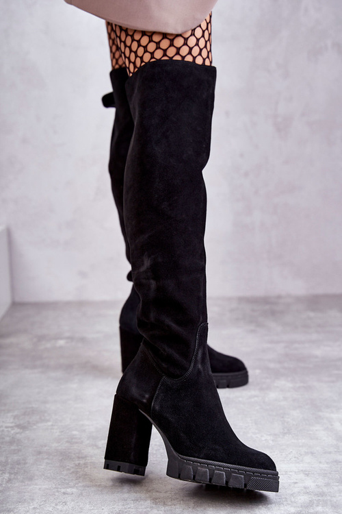 Fashionable Suede Thigh High Boots Black Estrela