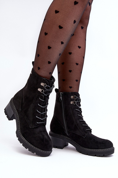 Botki Damskie Niski Obcas Sznurowane Czarne Adinail KE225P