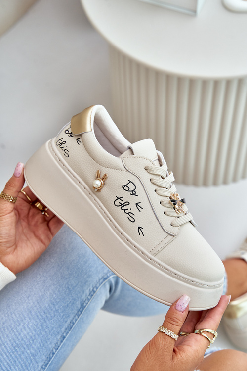 Women Leather Sneakers On Platform With Appliqués And Writing Vinceza 89102 Beige
