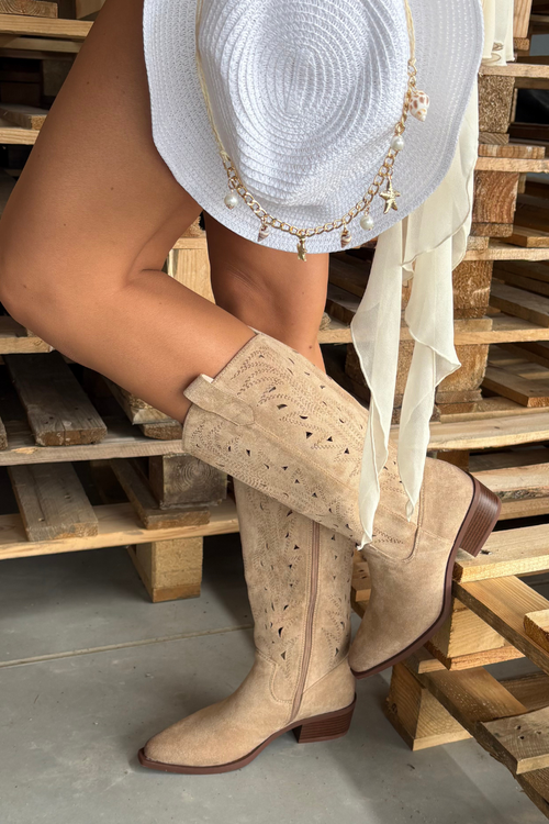 Cowboy Boots With Perforated Pattern On Low Heel Beige Selirae